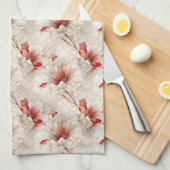 ビューティフルレッドホワイトフローラ キッチンタオル (四つ折り)