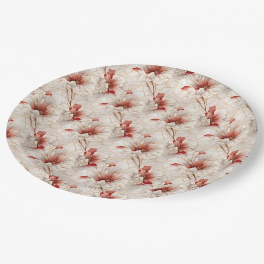 ビューティフルレッドホワイトフローラ ペーパープレート (アングル)