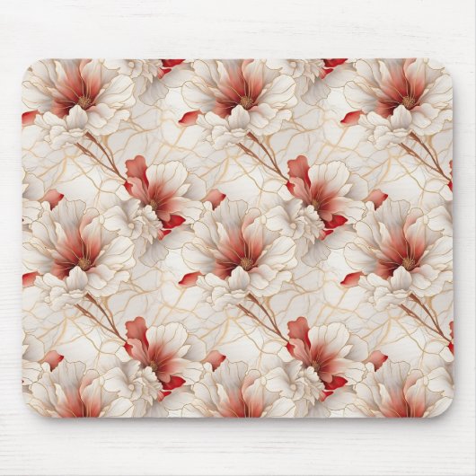 ビューティフルレッドホワイトフローラ マウスパッド (正面)