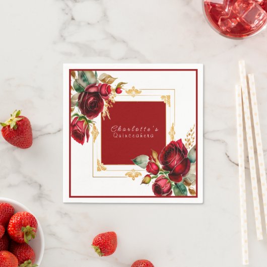 ビューティフルレッドローゼズ金ゴールドフィリグレキンセアニラ スタンダードカクテルナプキン (インサイチュ)