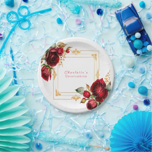 ビューティフルレッドローゼズ金ゴールドフィリグレキンセアニラ ペーパープレート (パーティー)