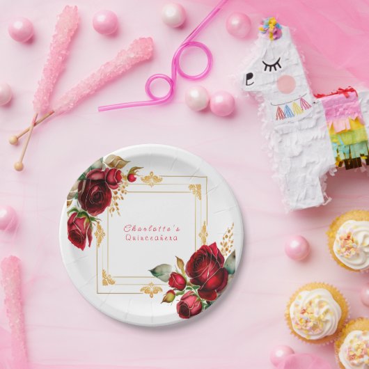 ビューティフルレッドローゼズ金ゴールドフィリグレキンセアニラ ペーパープレート (パーティー)