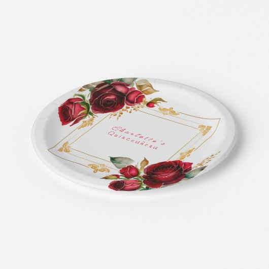 ビューティフルレッドローゼズ金ゴールドフィリグレキンセアニラ ペーパープレート (アングル)
