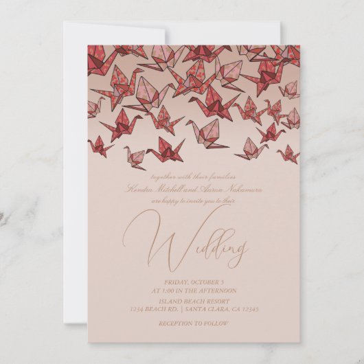 ビューティフルレッド折り紙紙ク結婚レーン 招待状 (正面)