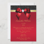 ビューティフルレッド、金ゴールド&ブラックジュエル誕生日 招待状 (裏面)