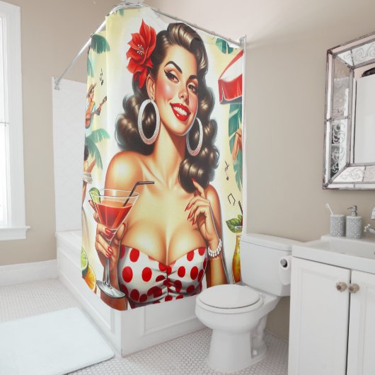 ビューティフルレトロウーマンイラストレーション シャワーカーテン (インサイチュ)