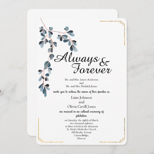 ビューティフルレブズ金ゴールド線結婚式招待状  招待状 (正面/裏面)