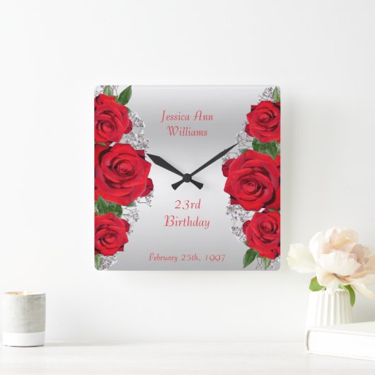 ビューティフルロマンチックレッドローゼス誕生日 スクエア壁時計 (ホーム)