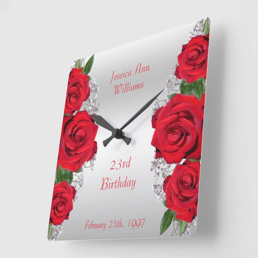 ビューティフルロマンチックレッドローゼス誕生日 スクエア壁時計 (傾斜)