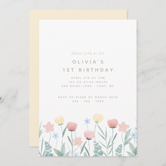 ビューティフルワイルドフラワーブーケ誕生日招待状 招待状 (正面/裏面)