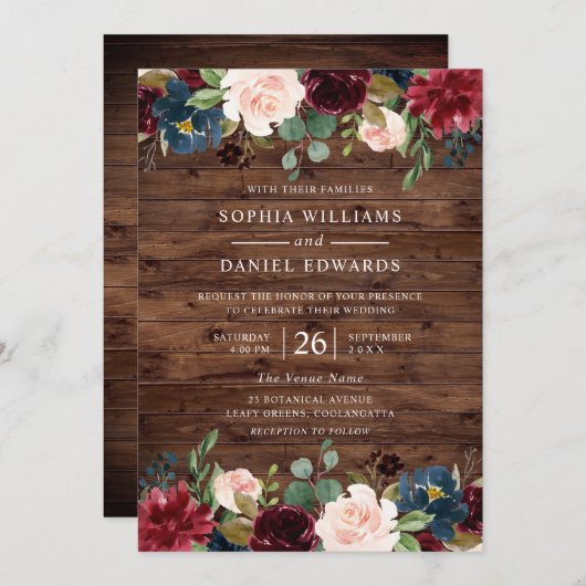 ビューティフル素朴ブルゴーニュ赤面結婚フローラ 招待状 (正面/裏面)