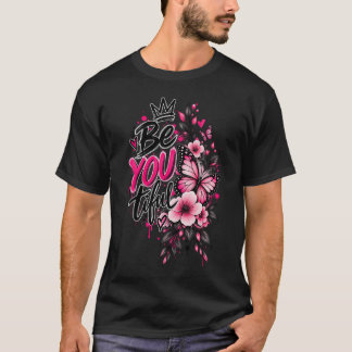 ビューティフル フローラル バタフライ ピンク フラワー インスピレーション Tシャツ