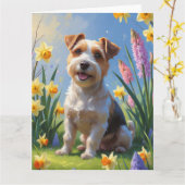 ビューラー・テリア犬 春の花の絵 カード (黄色い花)