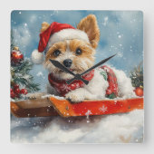 ビューヴァーテリア犬のそり旅行 雪を降らせて クリスマス スクエア壁時計 (正面)
