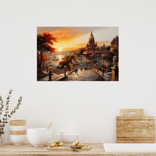 ビラスタイルインディアンヒンドゥー教寺院の水色 ポスター (キッチン)