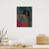 ビリディアンの緑の植物を持つ黒い巻き毛の女性 ポスター (キッチン)