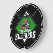 ビリパーソナライズされたヤード名キューラックプールルーム ラージ壁時計 (傾斜)