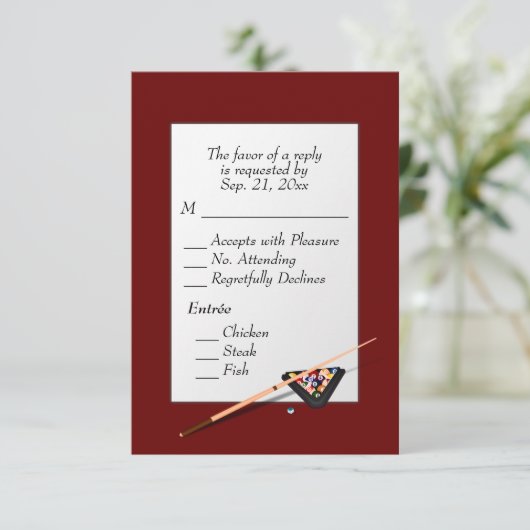 ビリヤードの招待状 深紅のメイン料理付き 出欠カード (スタンド正面)