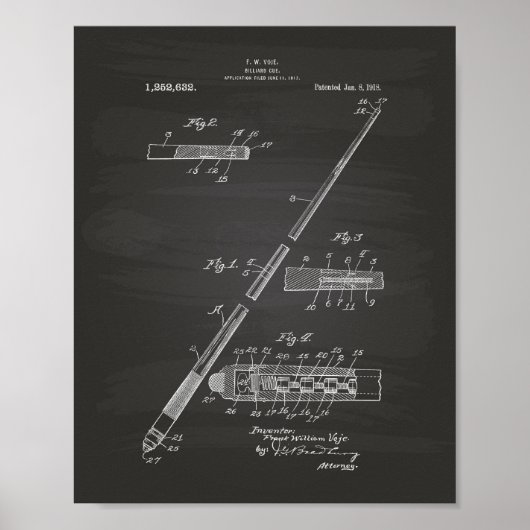 ビリヤードキュー1918パテントアート – Chalkboard ポスター (正面)