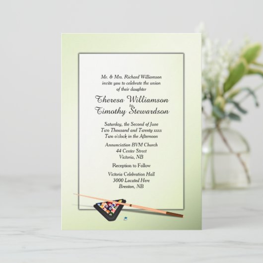 ビリヤードテーマ緑ティント結婚式招待状 招待状 (スタンド正面)