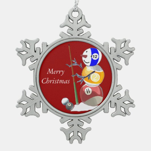 ビリヤードボールの雪だるま スノーフレークピューターオーナメント (正面)