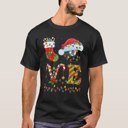 ビリヤード恋人クリスマス照明サンタラブビリヤード Tシャツ (正面)