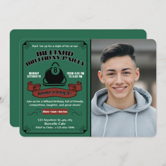 ビリヤード誕生日パーティープールテーマカスタム写真 招待状 (正面/裏面)