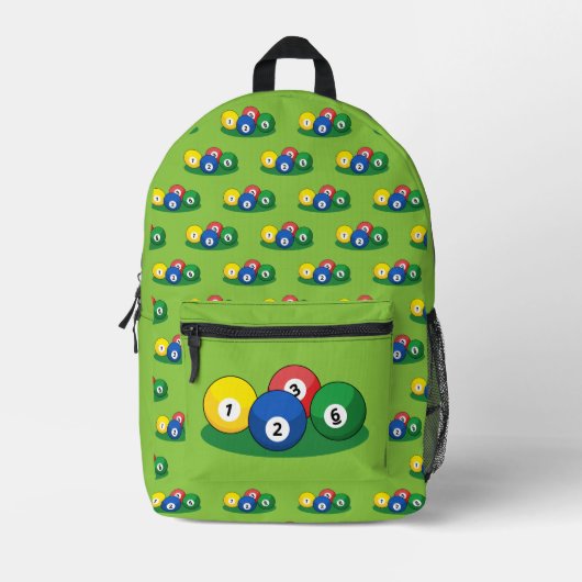 ビリヤード・プールのスヌーカー・ボールパターン プリントバックパック (正面)