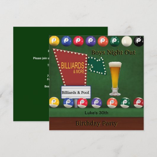 ビリヤード プール 男 誕生日 パーティー 夜 ビール 招待状 (正面/裏面)