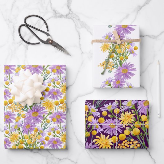 ビリーボタンとデイジーフローラ開花 ラッピングペーパーシート (正面)