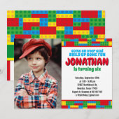 ビルディングブロックバースデーブリックスパーティーの写真 招待状 (正面/裏面)