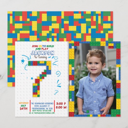 ビルディングブロック 誕生日レンガ 7歳 誕生日招待状 招待状 (正面/裏面)