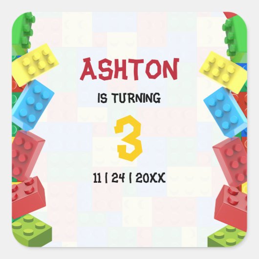 ビルディングブロック 誕生日招待状、男の子の誕生日 スクエアシール (正面)