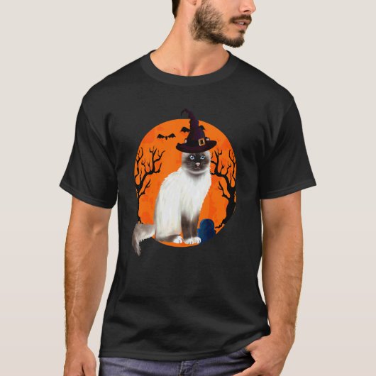 ビルマン猫ハロウィン魔女の帽子と月 Tシャツ (正面)