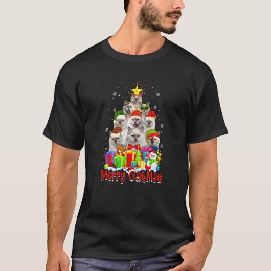 ビルマン+猫+サンタ帽子+メリー・キャットマス+猫 Tシャツ (正面)