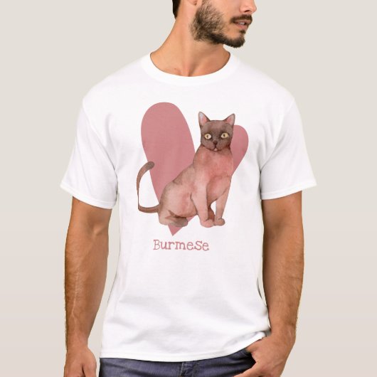 ビルマ猫の水彩子猫ピンクハート Tシャツ (正面)