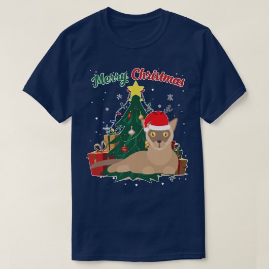ビルマ猫クリスマスツリー雪フレーククリスマスプレゼン Tシャツ (デザイン正面)