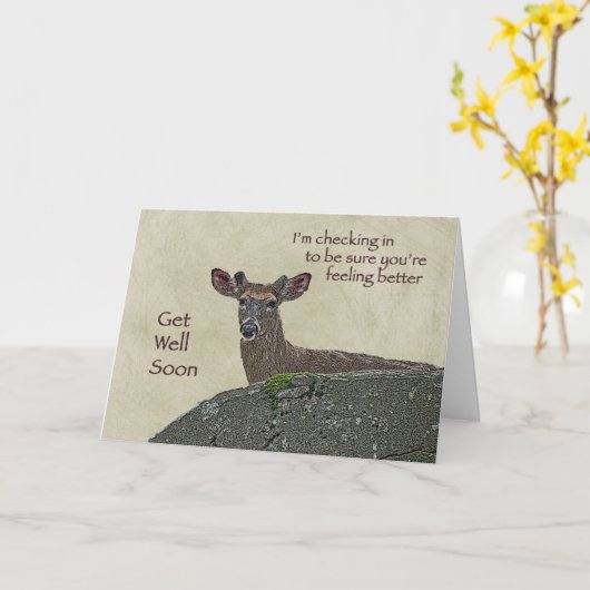 ビロードの挨拶の健康なオジロ鹿シカの木びき台を得て下さい カード (黄色い花)