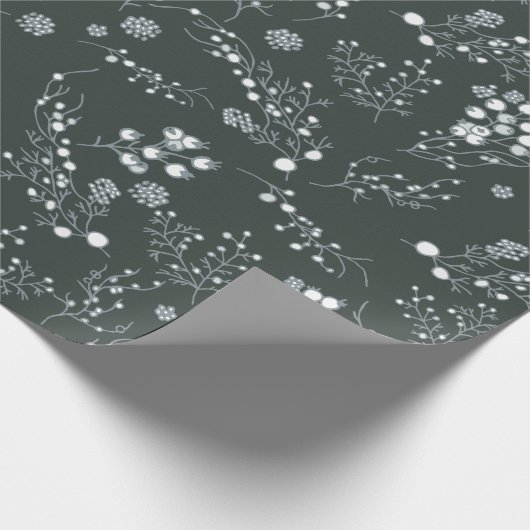 ビロードの緑のホワイトクリスマスの果実パターン ラッピングペーパー (角)