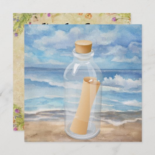 「ビンに入れた招待状」- ビーチパーティーの招待状 - SRF 招待状 (正面/裏面)