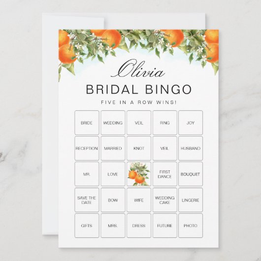ビンゴオレンジ柑橘類ブライダルシャワーゲームカード 招待状 (正面)