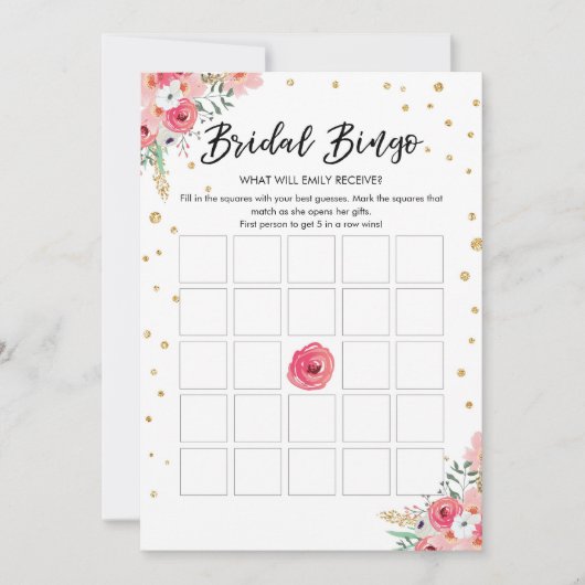 ビンゴゲームブライダルシャワーピンクフローラ金ゴールドカード 招待状 (正面)