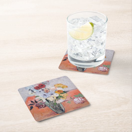 ビンセント・ヴァン・ゴッホ-バラ&アネモネス付き花瓶 スクエアペーパーコースター (インサイチュ)
