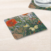 ビンセント・ヴァン・ゴッホ – 蝶とポピー スクエアペーパーコースター (アングル)