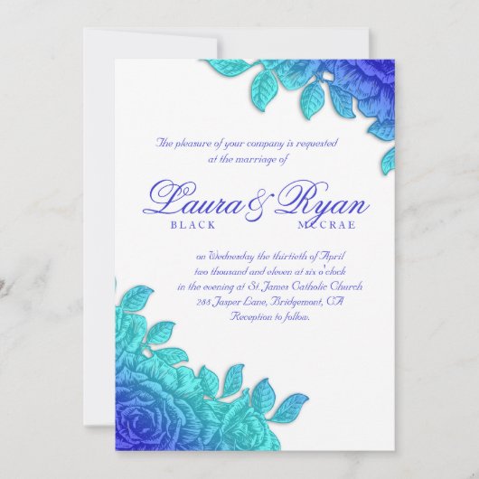 ビンテエレガントージウエディングブルー王室のバラホワイト 招待状 (正面)