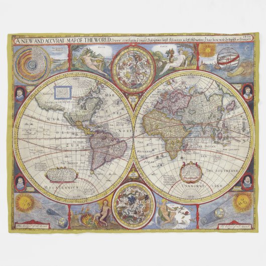 ビンテージなアンティーク調の世界地図 フリースブランケット (正面(横))