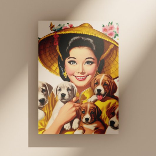 ビンテージな日本人女性と子犬 ポストカード