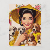 ビンテージな日本人女性と子犬 ポストカード (正面)