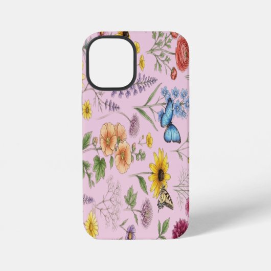 ビンテージな植物画の野の花と蝶の模様 iPhoneケース (裏面)