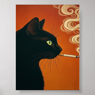 ビンテージな煙草を吸う黒猫 ポスター